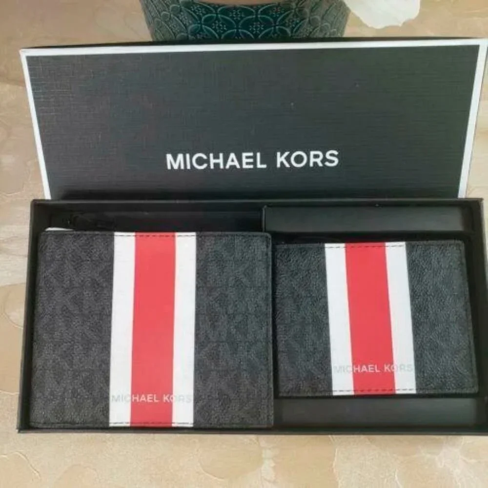 S Michael Kors Billfold Wallet Box Set Black Flame Red Logo 36H1LGFF1B